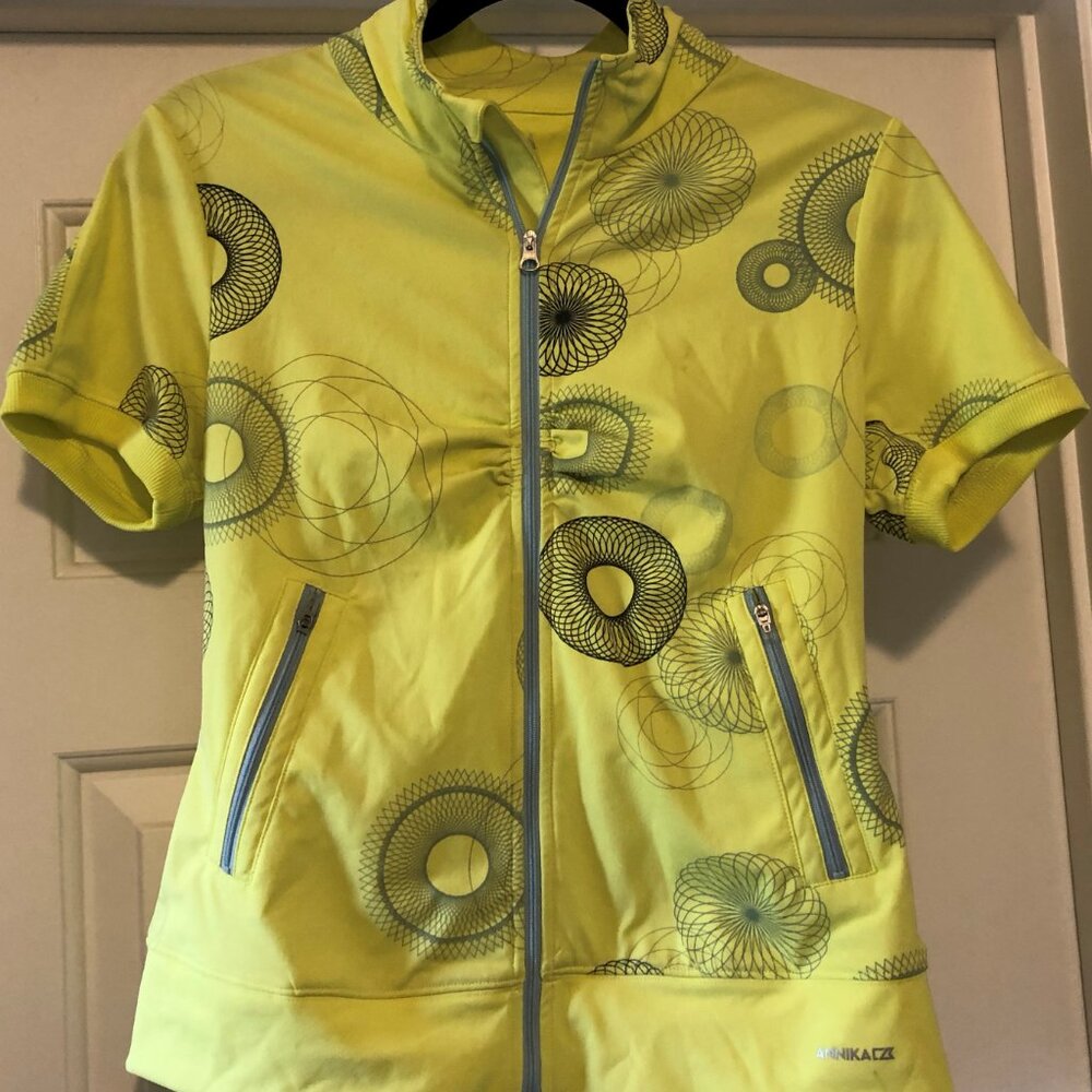 Annika Cutter & Buck Yellow Geometric Golf Polo Shirt XS Short Sleeve Full Zip